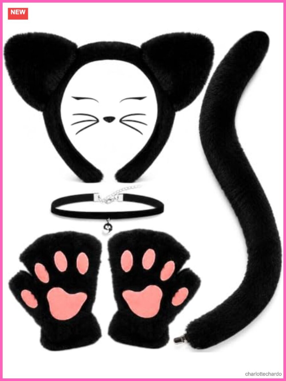 Cat Costume Set Ears Headband Tail Paws Gloves Collar Halloween Cosplay